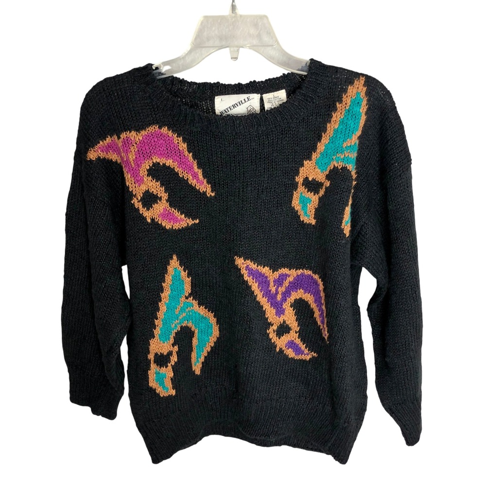 Vintage Waterville Womens Black Knit Sweater Abstract Colorful Art Flowers 90s L